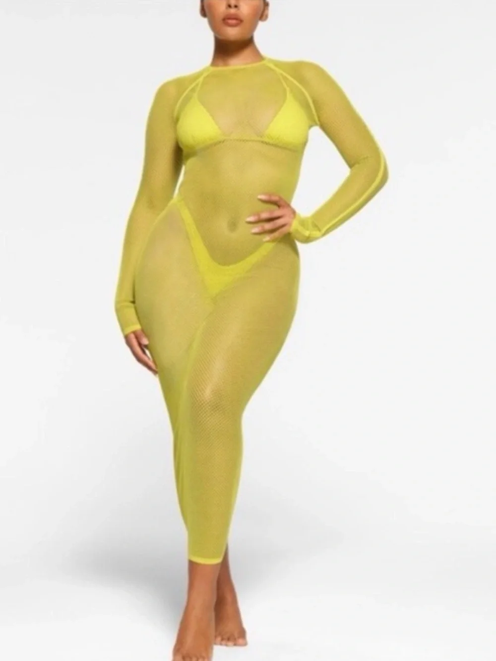 SKIMS Warp Knit Mesh Long Sleeve Cover-Up Dress in Citrus Yellow XXS